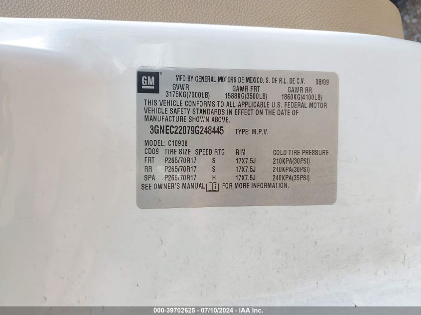 2009 Chevrolet Avalanche 1500 Lt2 VIN: 3GNEC22079G248445 Lot: 39702625