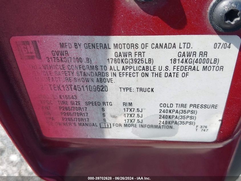 2005 GMC Sierra 1500 Sle VIN: 2GTEK13T451109620 Lot: 39702628