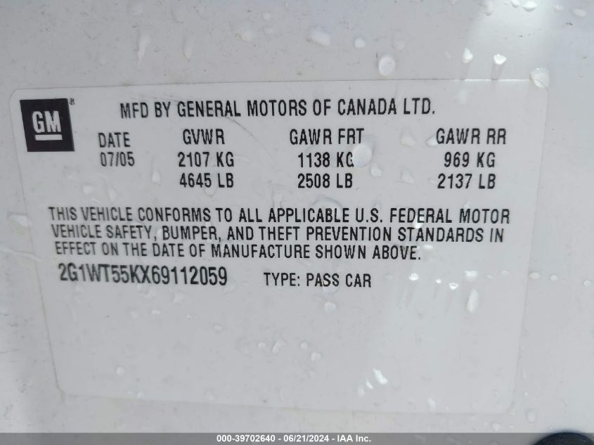 2006 Chevrolet Impala Lt VIN: 2G1WT55KX69112059 Lot: 39702640