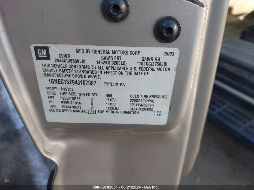 2004 Chevrolet Tahoe Ls VIN: 1GNEC13Z94J107097 Lot: 39702651