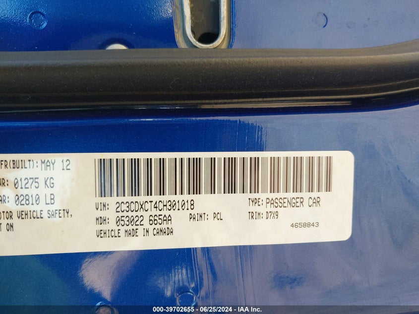 2012 Dodge Charger R/T VIN: 2C3CDXCT4CH301018 Lot: 39702655