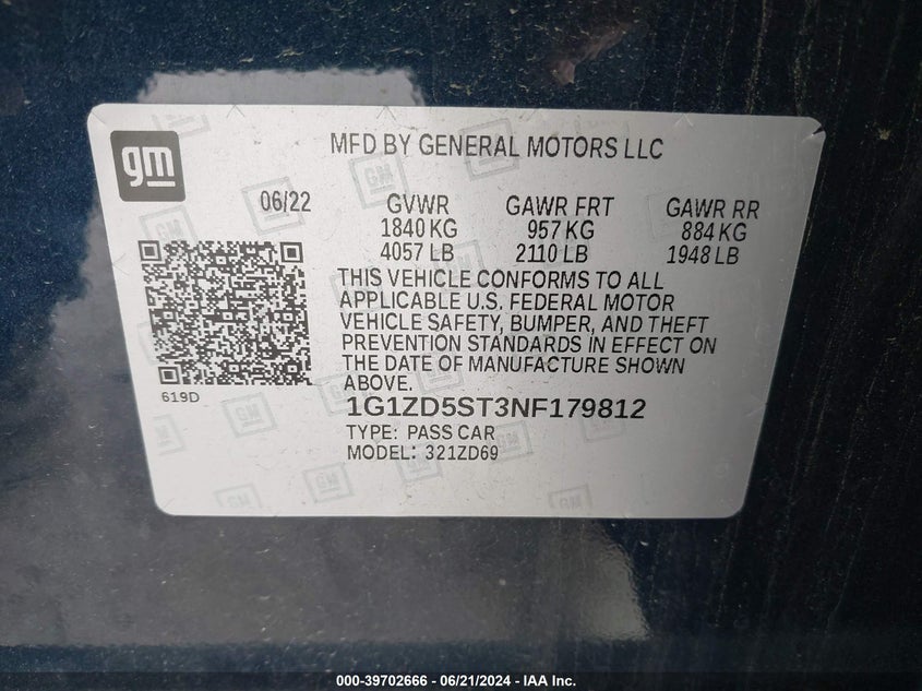 2022 Chevrolet Malibu Fwd Lt VIN: 1G1ZD5ST3NF179812 Lot: 39702666