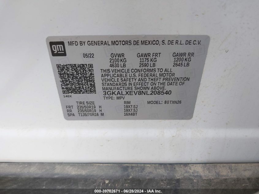 2022 GMC Terrain Denali VIN: 3GKALXEV8NL208540 Lot: 39702671