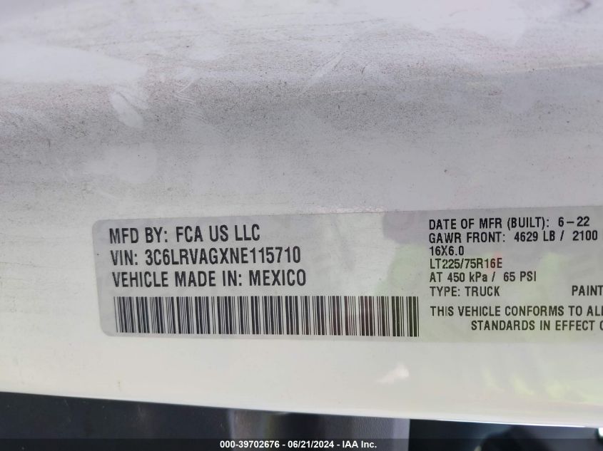 2022 Ram Promaster 1500 Low Roof 136 Wb VIN: 3C6LRVAGXNE115710 Lot: 39702676