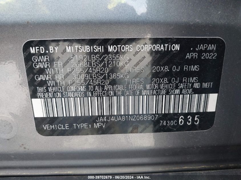 2022 Mitsubishi Outlander Black Edition S-Awc/Se 2.5 S-Awc/Se Launch Edition S-Awc VIN: JA4J4UA81NZ068907 Lot: 39702679