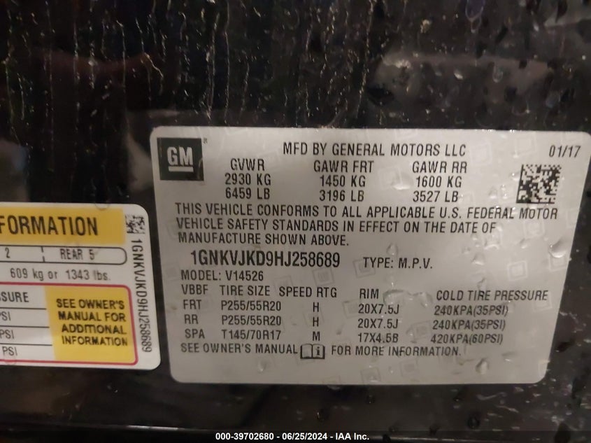 2017 Chevrolet Traverse Premier VIN: 1GNKVJKD9HJ258689 Lot: 39702680