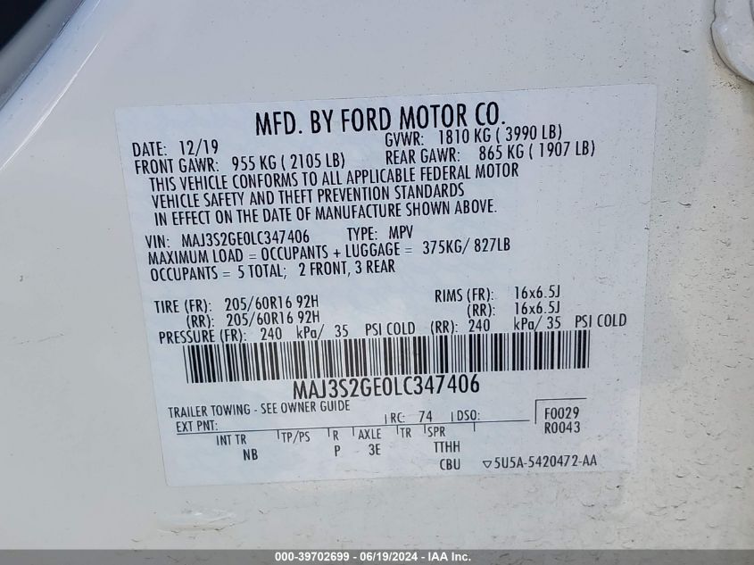 2020 Ford Ecosport Se VIN: MAJ3S2GE0LC347406 Lot: 39702699