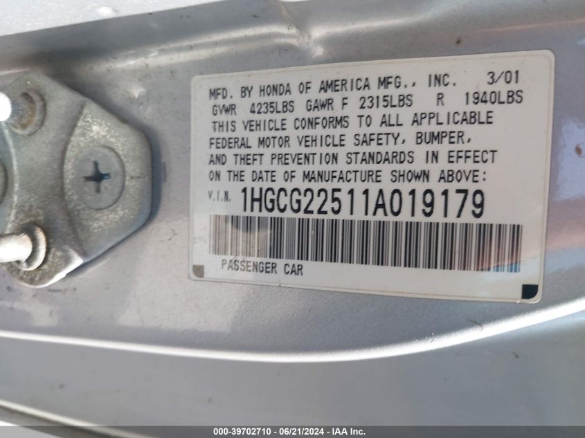2001 Honda Accord Ex VIN: 1HGCG22511A019179 Lot: 39702710