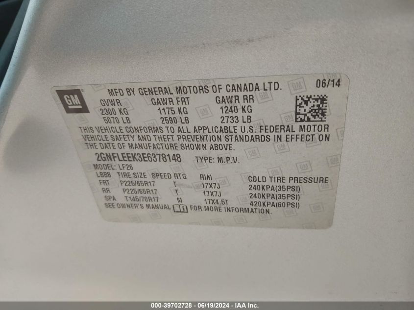 2014 Chevrolet Equinox Ls VIN: 2GNFLEEK3E6378148 Lot: 39702728