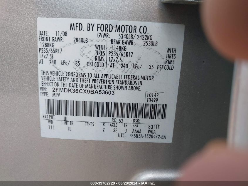 2009 Ford Edge Se VIN: 2FMDK36CX9BA53603 Lot: 39702729