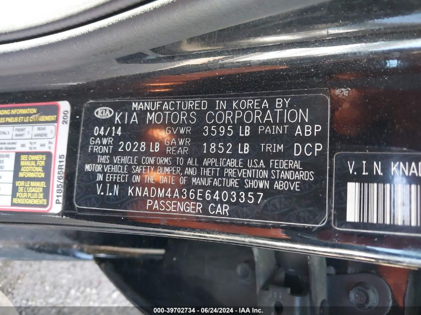 2014 Kia Rio Lx VIN: KNADM4A36E6403357 Lot: 39702734