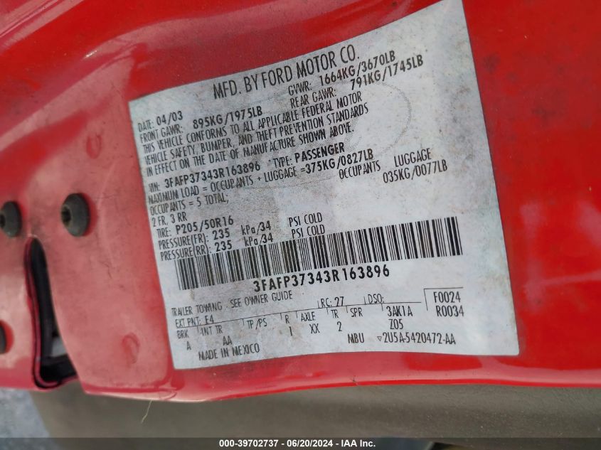 2003 Ford Focus Zx5 VIN: 3FAFP37343R163896 Lot: 39702737