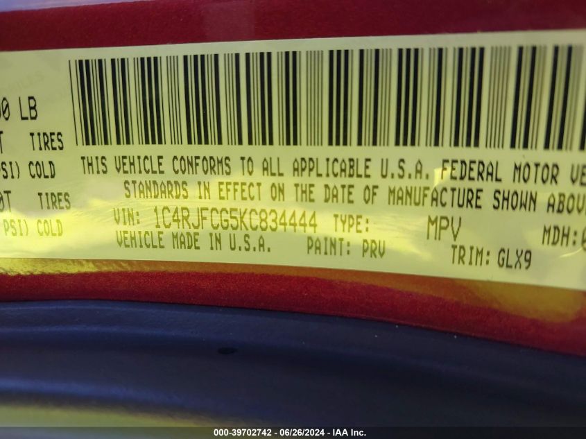 2019 Jeep Grand Cherokee Overland 4X4 VIN: 1C4RJFCG5KC834444 Lot: 39702742