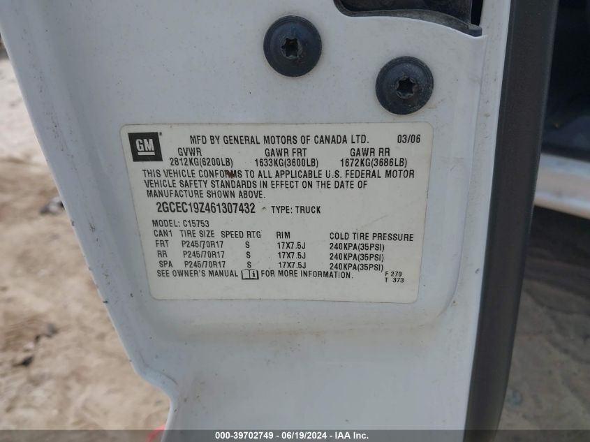 2006 Chevrolet Silverado 1500 Lt1 VIN: 2GCEC19Z461307432 Lot: 39702749