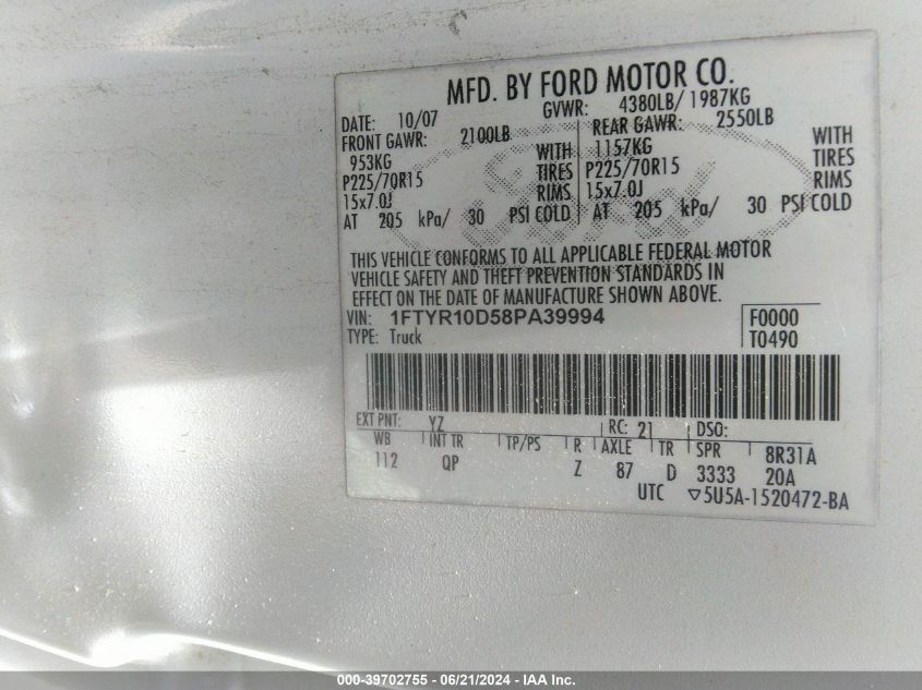 2008 Ford Ranger Xl/Xlt VIN: 1FTYR10D58PA39994 Lot: 39702755