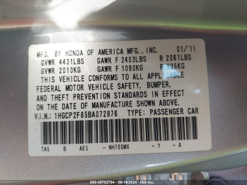 2011 Honda Accord 2.4 Ex-L VIN: 1HGCP2F85BA072876 Lot: 39702764