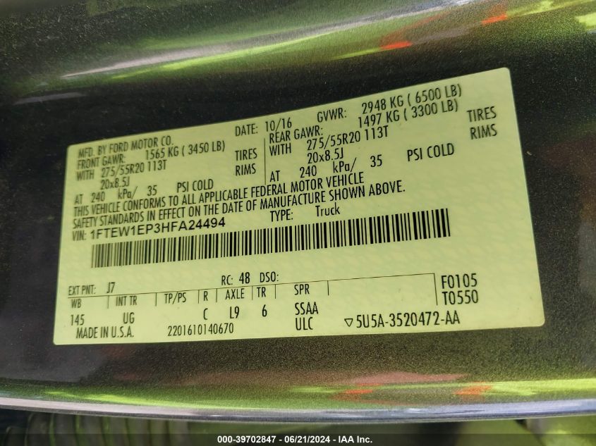 2017 Ford F-150 Xlt VIN: 1FTEW1EP3HFA24494 Lot: 39702847