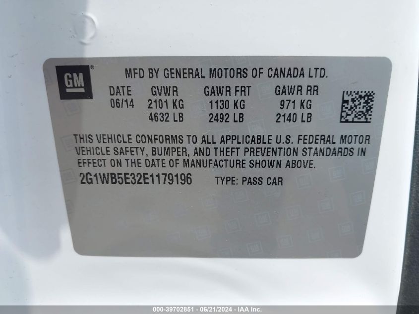 2014 Chevrolet Impala Limited Lt VIN: 2G1WB5E32E1179196 Lot: 39702851