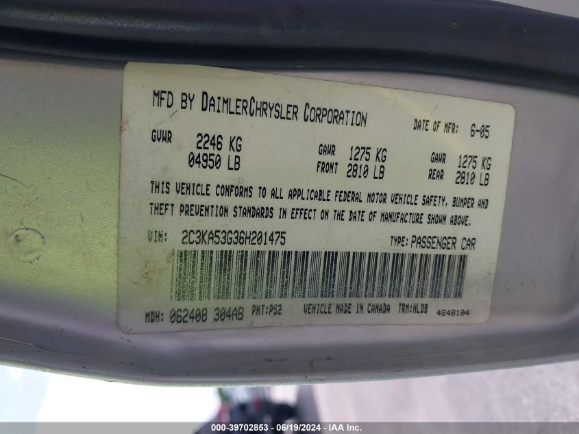 2006 Chrysler 300 Touring VIN: 2C3KA53G36H201475 Lot: 39702853