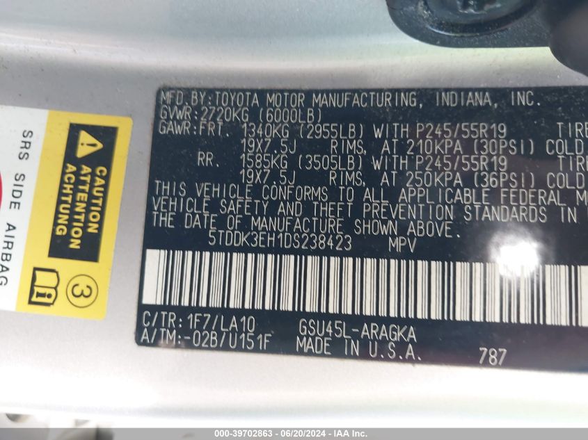 2013 Toyota Highlander Limited VIN: 5TDDK3EH1DS238423 Lot: 39702863