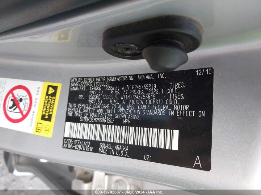 2011 Toyota Highlander Limited VIN: 5TDDK3EH2BS061507 Lot: 39702887