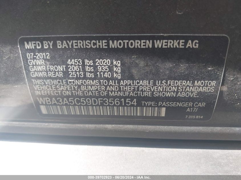 2013 BMW 328I VIN: WBA3A5C59DF356154 Lot: 39702923
