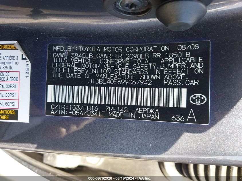 2009 Toyota Corolla Le VIN: JTDBL40E699067942 Lot: 39702928