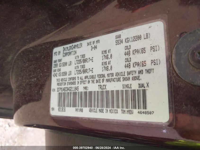 2004 Dodge Ram 3500 Slt/Laramie VIN: 3D7MU48C84G211045 Lot: 39702940