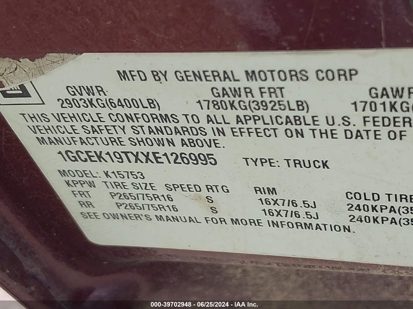 1999 Chevrolet Silverado 1500 Ls VIN: 1GCEK19TXXE126995 Lot: 39702948