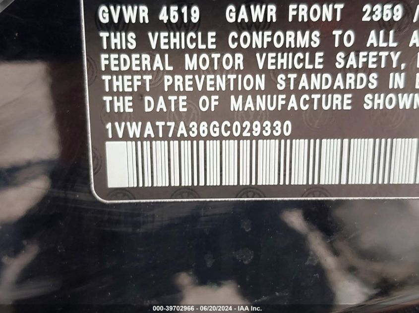 2016 Volkswagen Passat 1.8T R-Line VIN: 1VWAT7A36GC029330 Lot: 39702966