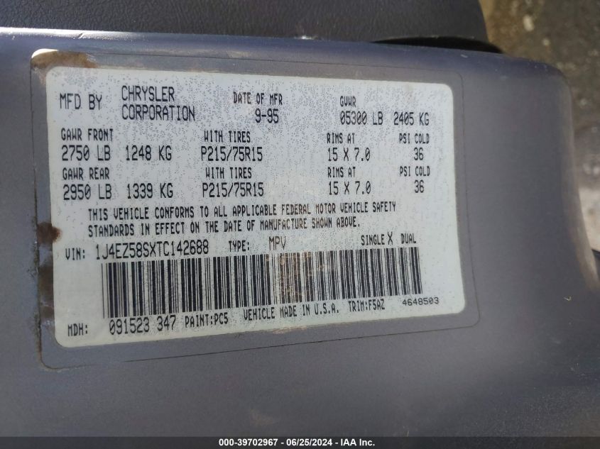 1996 Jeep Grand Cherokee Laredo VIN: 1J4EZ58SXTC142688 Lot: 39702967