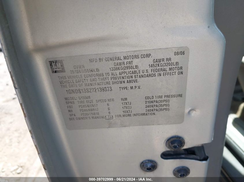2007 Chevrolet Trailblazer Ls/Lt VIN: 1GNDS13S272139373 Lot: 39702999