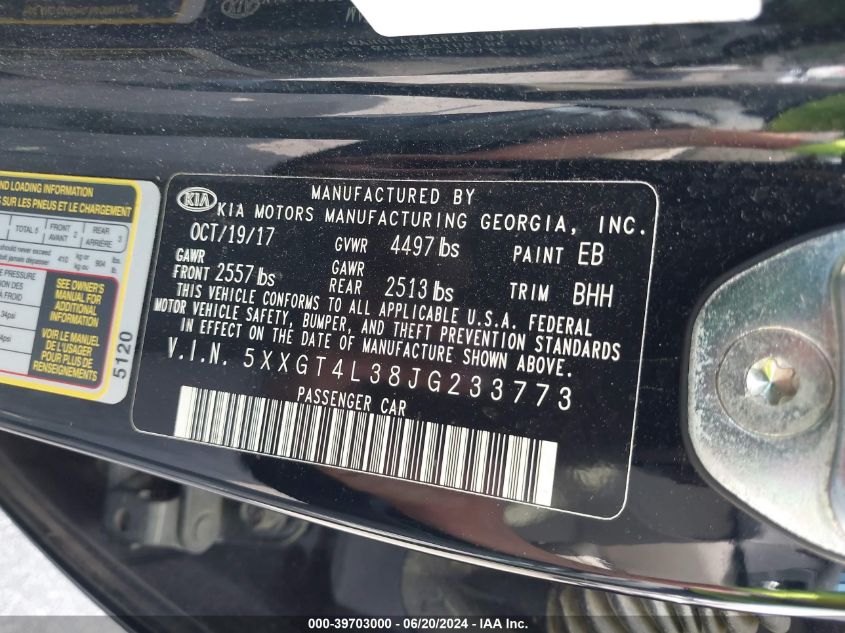 2018 Kia Optima Lx VIN: 5XXGT4L38JG233773 Lot: 39703000