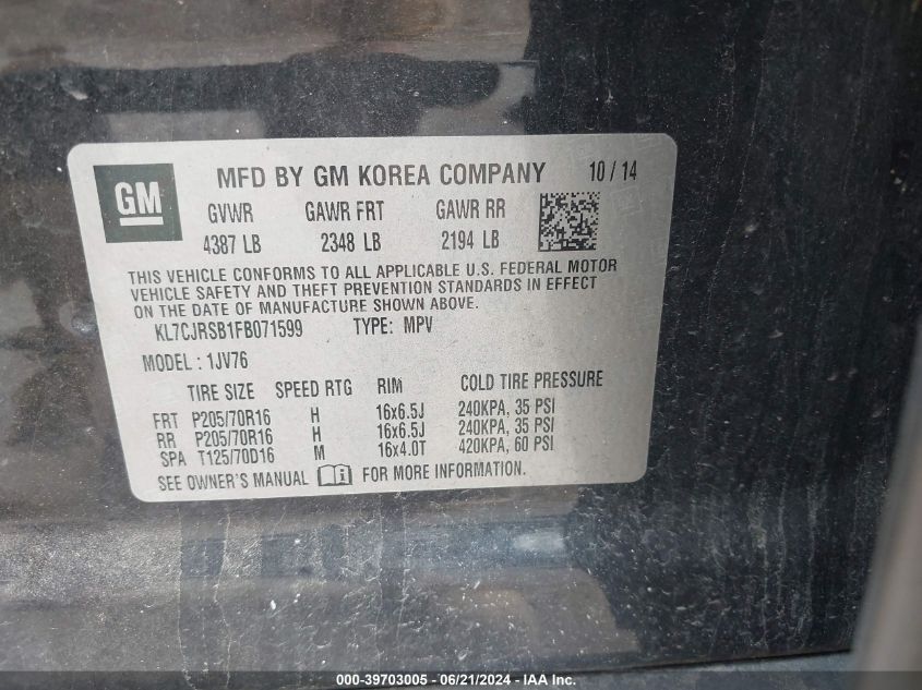 2015 Chevrolet Trax Lt VIN: KL7CJRSB1FB071599 Lot: 39703005