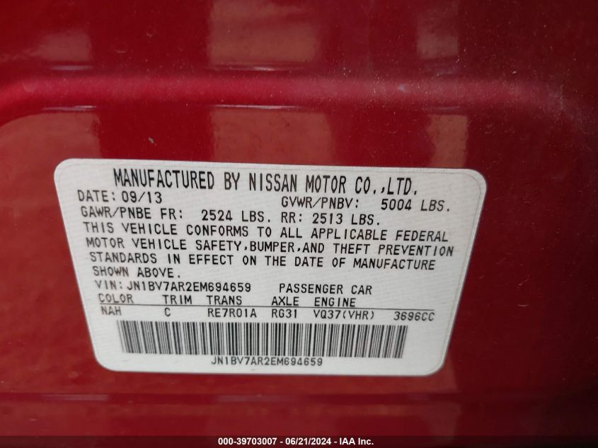 2014 Infiniti Q50 Premium VIN: JN1BV7AR2EM694659 Lot: 39703007