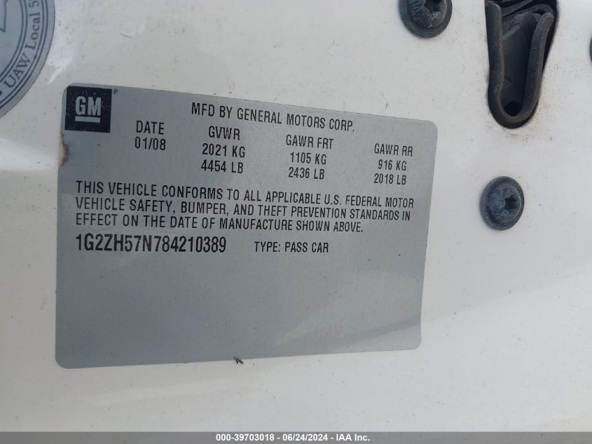 2008 Pontiac G6 Gt VIN: 1G2ZH57N784210389 Lot: 39703018