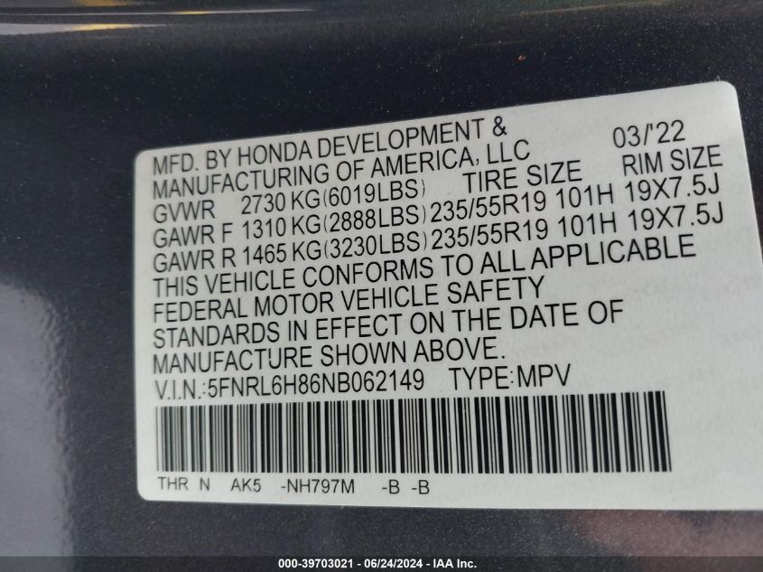 2022 Honda Odyssey Touring VIN: 5FNRL6H86NB062149 Lot: 39703021