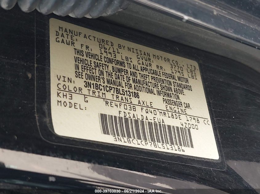 2011 Nissan Versa S/Sl VIN: 3N1BC1CP7BL513186 Lot: 39703030