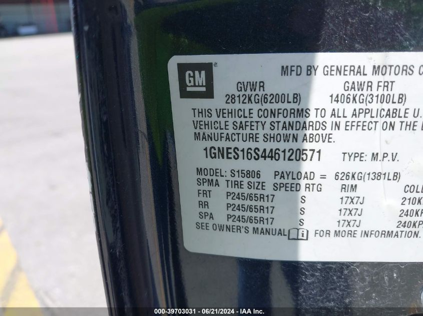 2004 Chevrolet Trailblazer Ext Ls/Ext Lt VIN: 1GNES16S446120571 Lot: 39703031