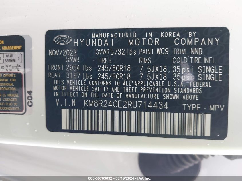 2024 Hyundai Palisade Sel VIN: KM8R24GE2RU714434 Lot: 39703032