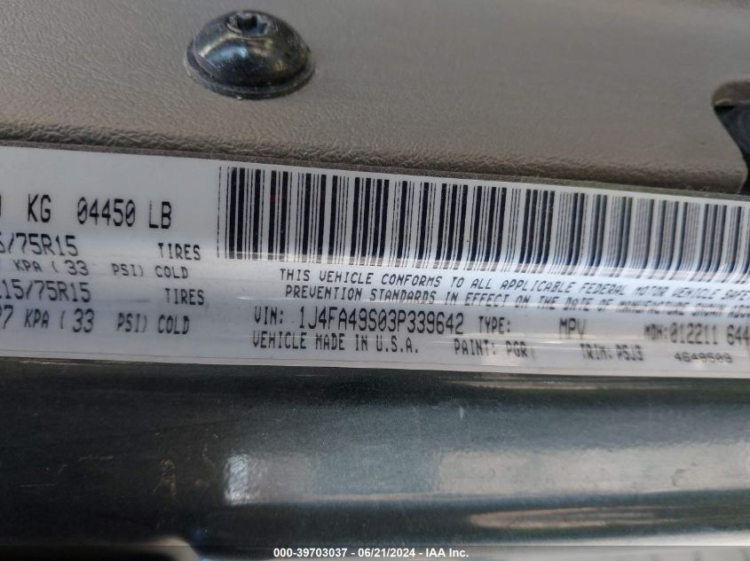 2003 Jeep Wrangler Sport VIN: 1J4FA49S03P339642 Lot: 39703037