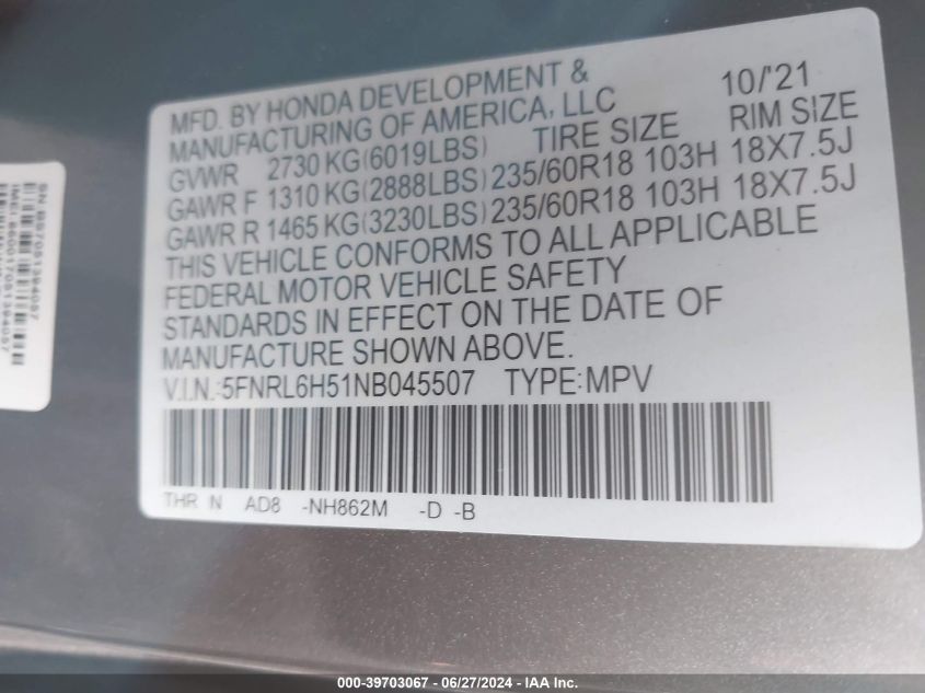 2022 Honda Odyssey Ex VIN: 5FNRL6H51NB045507 Lot: 39703067