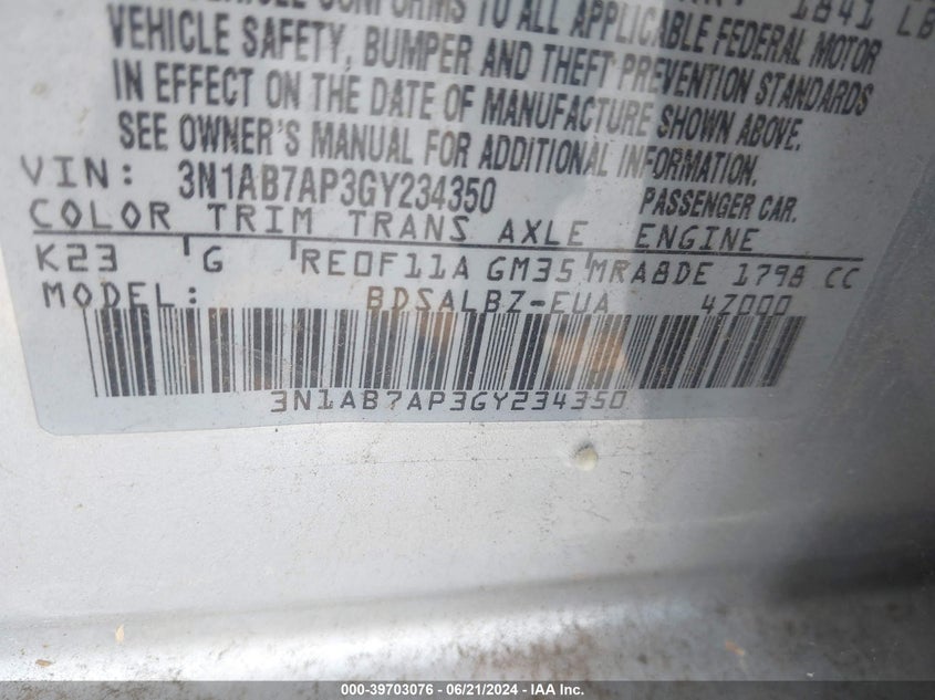 2016 Nissan Sentra Fe+ S/S/Sl/Sr/Sv VIN: 3N1AB7AP3GY234350 Lot: 39703076