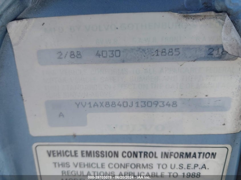 1988 Volvo 244 Dl/Gl VIN: YV1AX8840J1309348 Lot: 39703078