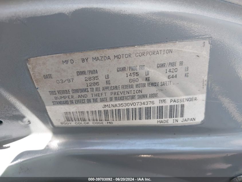 1997 Mazda Mx-5 Miata VIN: JM1NA3530V0734376 Lot: 39703092