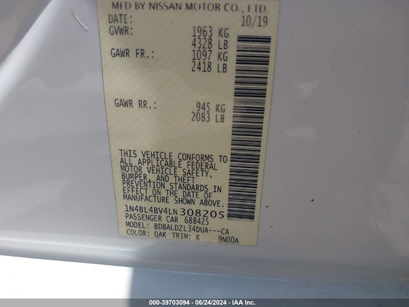 2020 Nissan Altima S Fwd VIN: 1N4BL4BV4LN308205 Lot: 39703094