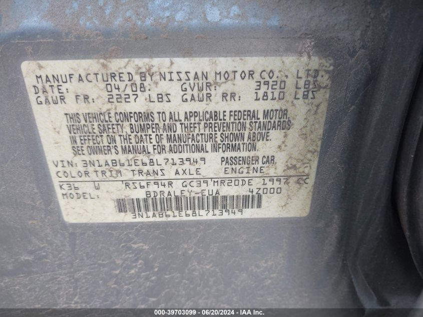 2008 Nissan Sentra 2.0/2.0S/2.0Sl VIN: 3N1AB61E68L713949 Lot: 39703099