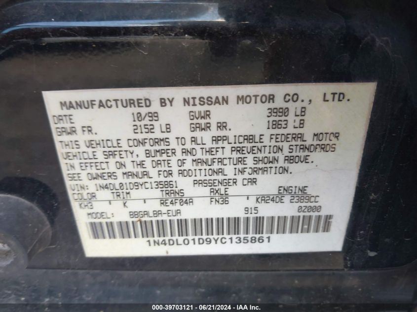 2000 Nissan Altima Gle/Gxe/Se/Xe VIN: 1N4DL01D9YC135861 Lot: 39703121