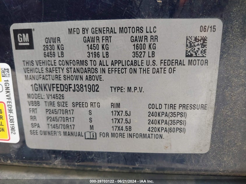 2015 Chevrolet Traverse Ls VIN: 1GNKVFED9FJ381902 Lot: 39703122