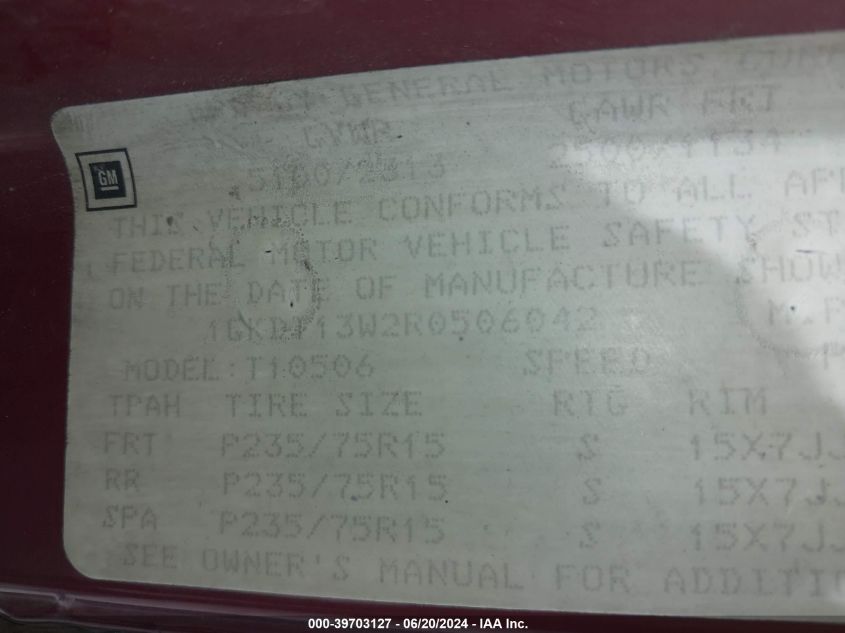 1994 GMC S15 Jimmy VIN: 1GKDT13W2R0506042 Lot: 39703127